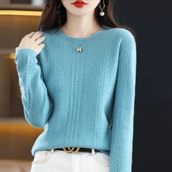 100% čistá vlna žien sveter na Jar a na Jeseň nový O-krku pletený pulóver s dlhým rukávom dámske mäkké slim kórejských žien top