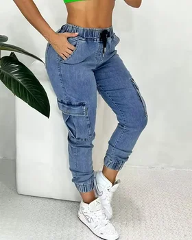 2023 dámske Nohavice Elastické Šnúrkou Opasok Členok Vrecku Šitie Slim Jeansy pre Ženy