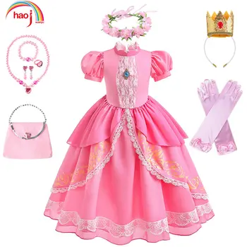 2023 Hry, Filmy Narodeninovej Party Dievčatá Princezná Peach Šaty Prom Ružový Obláčik Rukáv Čipky Dlhé Šaty Halloween Cosplay Kostým