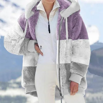 2023 Zimné Ženy Teplý Kabát Retro Patchwork Fleece Kapucňou Na Zips, Hrubé Bundy Kabát Outwear Umelú Kožušinu Módne All-Nový Zápas