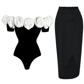 2024 Nové Biquinis Pevnej Sady 3D Kvet jednodielnych Plavkách +Sukne pre Ženy bez Ramienok Vintage Kombinézu Plavky, plážové oblečenie