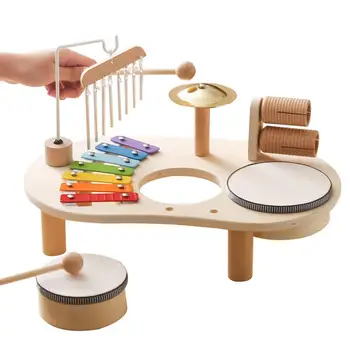 Bicie Súpravu Pre Deti 7 V 1 Montessori Vzdelávacie Hračka S Xylophone Drevené Hudobné Stôl Hrať Nastavenie Hudby Veterné Zvonkohry Pre Deti