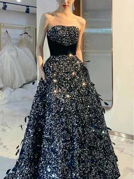 Black Šplhať Večerné Šaty Bez Ramienok Bez Rukávov Dĺžka Podlahy Luxusné Sequin Korálkami Na Nechty, Perie Strany Prom Celebrity Gownss
