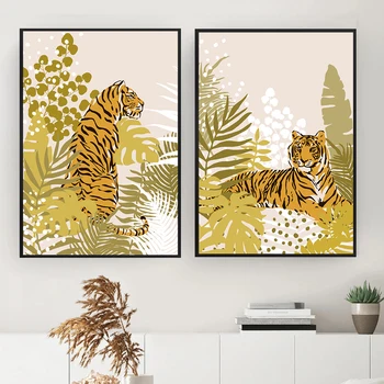 Boho Divoký Tiger Tropické List Wall Art Big Cat Plátno Na Maľovanie Nordic Plagát A Potlačou Obrazov Na Stenu Pre Obývacia Izba Domova