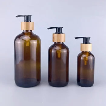Boston okrúhle sklenené fľaše ruky mydlom sklenené fľaše 1 oz 2 oz 4 oz 8 oz 16 oz jantárová sklenené fľaše s bambusom čerpadlo na ručné umývanie