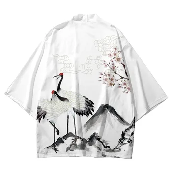 Cardigan Ženy Muži Obi Yukata Haori Japonské Kimono Biely Žeriav Tlač Kabát Tradičné Oblečenie