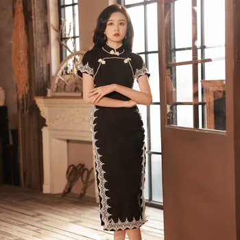 Cheongsam Ženy Čínskej Tradičnej Štýl Čipky Šaty, Oblečenie Na Jar Elegantný Retro Qipao Black Formálnej Strany Šaty Vestidos