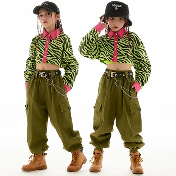 Deti Hip Hop Kostým Dievčatá Módne zebrovité Topy Armády Zelené Nohavice Sála Jazz Dance Oblečenie Fáze Oblečenie Rave Nosenie BL9565