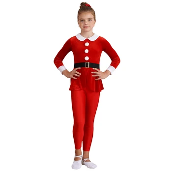 Deti Vianočný Tanečný Kostým Dievčatá Elf Cosplay Plný Kombinézu Fáze Výkonu Klope Golier Dlhý Rukáv Pompom Peplum Jumpsuit