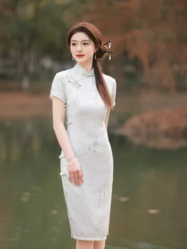Elegantné Cheongsam Krátky Rukáv Lepšiu Vintage Kvetinový Tlač Šaty Žien Čínsky Štýl Dlho Vysoká Rozdeliť Qipao