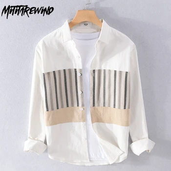 Japonský Čerstvé pánske Dlhý Rukáv Biele Tričko 100% Bavlna Nové v Košele Streetwear Módy Tričko Patchwork Prekladaného Návrhu Tričko