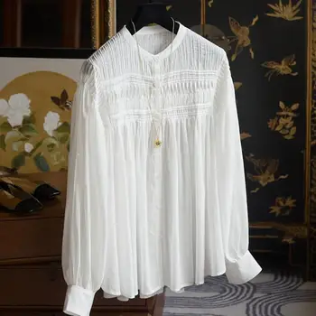 Jemné Ramenný Brucha-skladaný Dlhý Rukáv Biele Tričko Ženy Camisas De Mujer