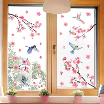 Kolibríky Konáre Stromov Okno Obopína Zabrániť Čerešňa Vtáčia Kvety Nálepky Odtlačkový Anti-Kolízie Dekor Dodanie Obojstranná Tlač