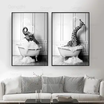 Kúpeľňa Zvierat Plátno na Maľovanie Žirafa, Slon Legrační Čierny a Biely Plagát na Stenu Umenie Fotografie pre Wc Sprcha Izba Dekor