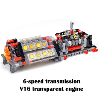 MOC šesť stupňová prevodovka V16 transparentné motora kombinácia budova blok motora model detskej elektrickej hračka stavebný kameň