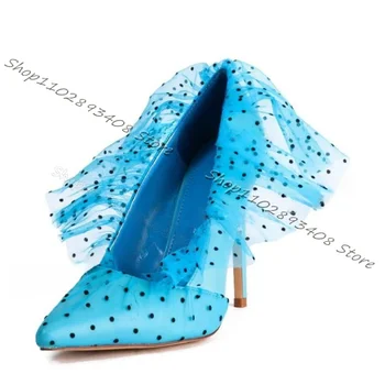 Modrá Oka Čipky Armatúry Čerpadlá Pošmyknúť na Polka Dot Spojov Čerpadlá Stiletto Vysoké Podpätky Sexy Ženy Strany Topánky 2023 Zapatos Para Mujere