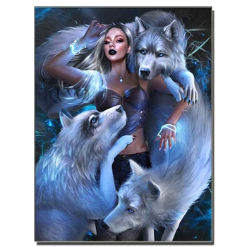 Módy sexy krása DIY 5D Diamond Maľovanie biely vlk a žena Diamond Výšivky Cross Stitch Plný Diamond Mozaiky Domova