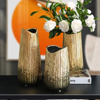Nordic Light Luxusné Pokovovanie Gold Široká Ústa Keramická Váza, Obývacia Izba Kvet Usporiadanie Tvorivosti Domáce Dekorácie, Darčeky