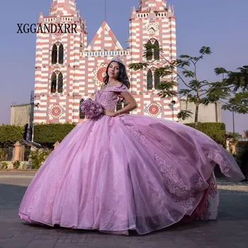 Nové Peach Pink Quinceanrea Šaty 2024 Elegantný V Krku Sequin Čipky Nášivka Plesové Šaty Prom Šaty Sladké 15 16 Princezná Sprievod