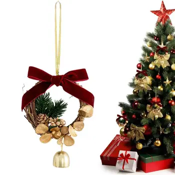 Ročník Vianočný Zvonček Garland Rustikálny Vianočné Predné Dvere Ornament Červená Zelená Simulované Borovicová Šiška Bell Prívesok S Lukom Popruh