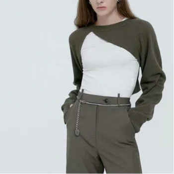 Sexy ostrihané svetre pre ženy roztomilý módne topy zrastov Jeseň kórejský štýl, pulóvre Jeseň 2021 dlhý rukáv top duté sa