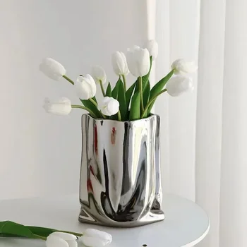Striebro Rozstrapatené Kvetinové Vázy Keramická Váza Z Porcelánu Kvet Usporiadanie Dekorácie Taška Tvar Terárium Domáce Dekorácie, Vázy Hrnce