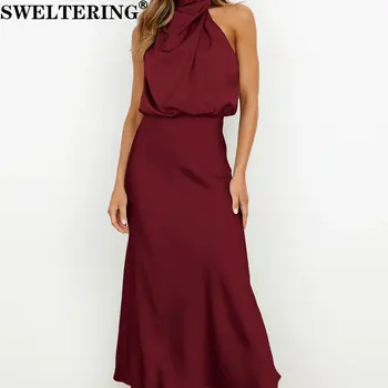 SWELTERING Nové Žien Haute Couture Saténové Šaty S Visí na Krku Elegantné Socialite Dlhé Šaty Party Šaty dámske Oblečenie