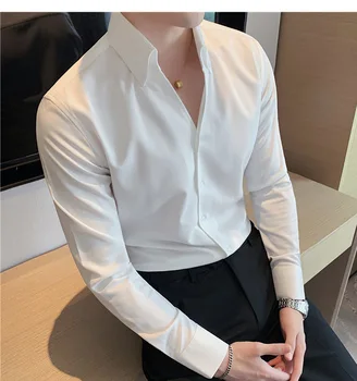 V-Neck Mužov Klasický Dizajn Formálne Tričko Šaty Business Luxusné Non-Iron Dlhý Rukáv Slim Fit Muž Office Nosenie
