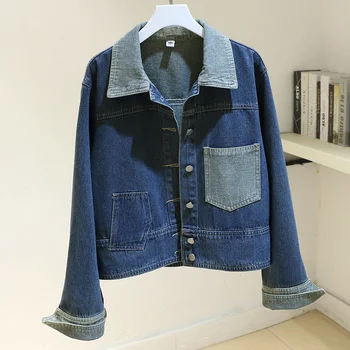 Vintage Blue Spojov Vrecku Denim Jacket Ženy Voľné Krátke Kovboj Vrchné Oblečenie Na Jeseň Kórejský Dlhý Rukáv Jeans Bunda, Kabát Žena