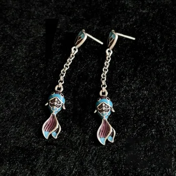 Vintage Etnický Štýl Cloisonne Modrá Koi Kaprov Náušnice pre Ženy 925 Silver Smalt Farebné Strapec Dlho Earings Stud Šperky