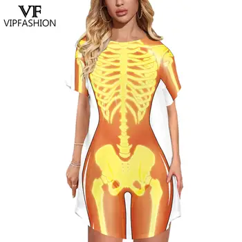 VIP Módne Kostra Tlačiť T-shirt Dress Ženy Sexy Top Halloween Cosplay Kostým Dievčatá Strana Oblečenie, Krátke Rukávy Streetwear