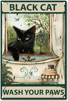 Vtipné Kúpeľňa Citát Kovov Cín Prihlásiť Vintage Čierna Mačka Umyť Labky Prihláste sa pre Kúpeľne, Kuchyne, Kaviareň Steny Výzdoba