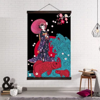 Wall Art Plátno Tlač a Poster Plátno na Maľovanie Moderné Obrázky Domáce Dekorácie Koi Fish Japonsko Kimono Dievča