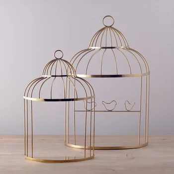 Zlaté visiace ozdobné vtáčie klietky kovové nástenné dekorácie, výzdoba domov