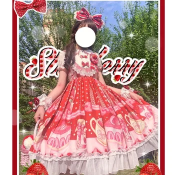 Červená Japonský Sladké Kawaii JSK Lolita Jahoda Tlač Lolita Šaty Sladké a Roztomilé Lolita Šaty Sladké Ružové Lolita Šaty Viktoriánskej