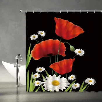Červeného Maku Sprchový Záves, Biela Daisy Kvetinový Charakter Rustikálny Kvetinové Záhrade, Čierne Pozadie Textílie Kúpeľňa Decor Set S Háčikmi
