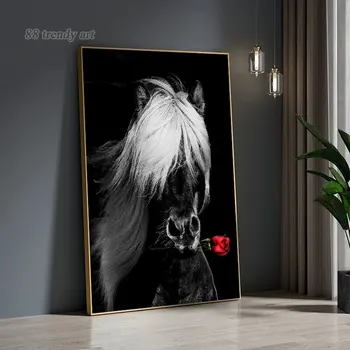 Čierny Kôň Rose Umelecké Plátno na Maľovanie Vytlačí Plagát Romantický Zvieratá Wall Art Maľovanie na Obrázok pre Moderný Domov Obývacia Izba Dekor