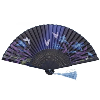 Čínsky Štýl Vintage Ručné Skladanie Ventilátor s Strapec Lily pre butterfly Tlačený Vzor pre Svadobný Tanec Strany Supp